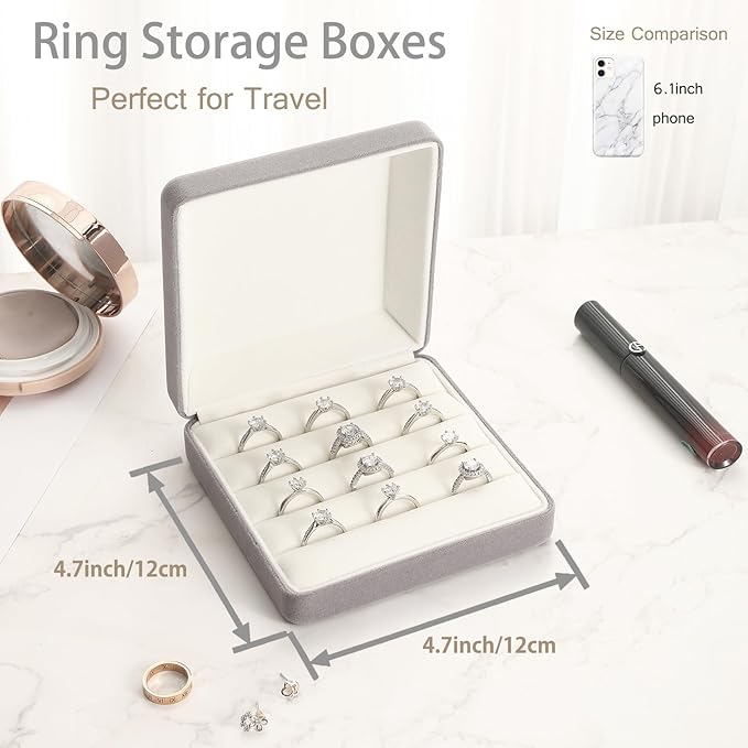 Ring Storage Boxes for Multiple Rings, Compact and Stylish Travel Jewelry case, Portable Small jewelry Organizer Box Tray Gift for Women, Girl(Grey)