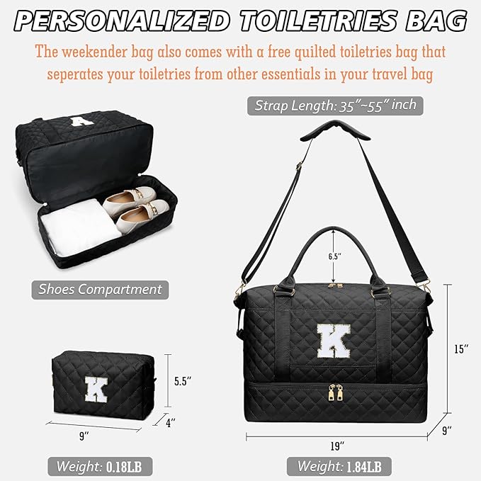 Gifts for Women Girls Initial Travel Duffle Bag Quilted Weekender Carry-On Overnight with Cosmetic Bag, Gym Bag with Shoe Compartment, Black K