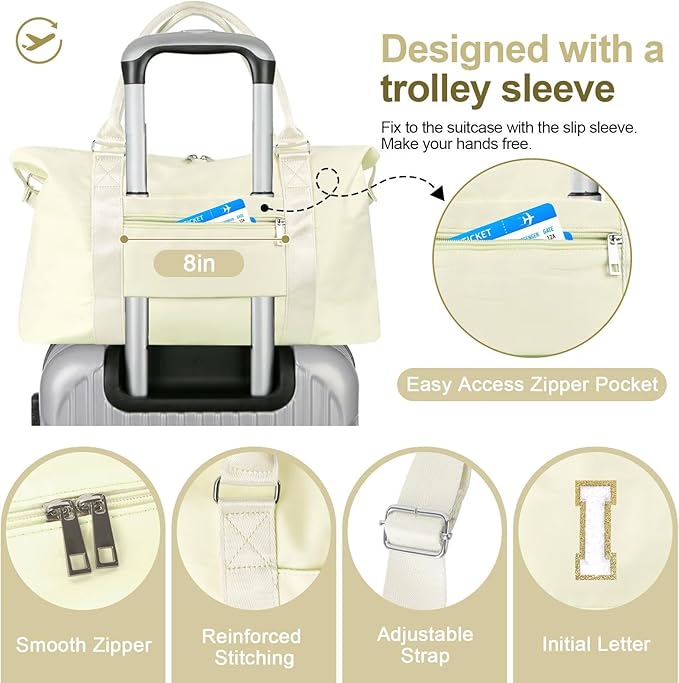 Dance Gym Duffel Bag for Teen Girls, Personalized Initial Travel Weekender Bag,Cute Overnight Carry On Duffle for Women,Sports Travel Cheer Bag,Monogram Christmas Gifts for Tween Preppy(beige-I)