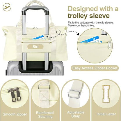 Dance Gym Duffel Bag for Teen Girls, Personalized Initial Travel Weekender Bag,Cute Overnight Carry On Duffle for Women,Sports Travel Cheer Bag,Monogram Christmas Gifts for Tween Preppy(beige-I)