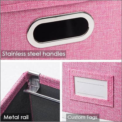 PRANDOM File Organizer Box - Set of 1 Collapsible Decorative Linen Filing Storage Hanging File Folders with Lids Office Cabinet Letter Size Pink (14x9.3x10.8 inch)