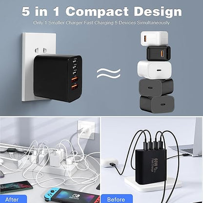 60W iPhone 17 16 15 Pro Charger Fast Charging Block,2Pack 5Port USB C Phon Charger Power Adapter,Multiport Type C Chargers 10FT Long USB C Cable for iPhone 17 Pro/17 ProMax/17 Air/16 ProMax/16e/15 Pro