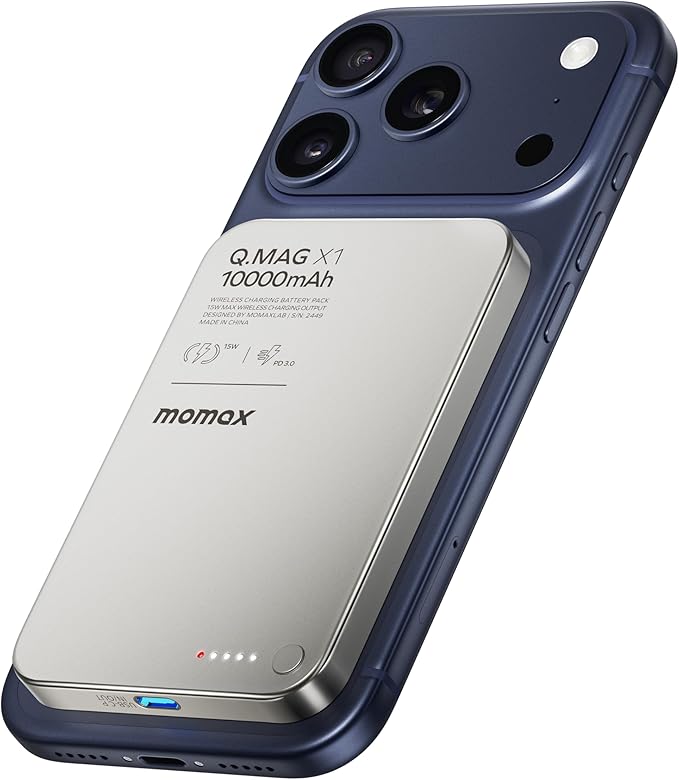 MOMAX Magnetic Power Bank 10000mAh, 20W Fast Charging, Wireless Portable Charger for iPhone 16/15/14/13/12 Series, Magsafe Compatible, USB-C Cable Included