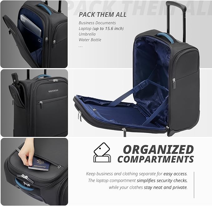 Verage Under Seat Luggage with Wheels, Softside Expanable Small Suitcase Carry On Luggage Bags for Airlines Airplanes Short Trip Men Women (Grey, 16-Inch Rolling Underseat)