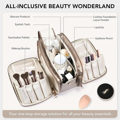 Travel Makeup Bag Women's Large Capacity Cosmetic Portable Organizer Large Opening Waterproof Storage Toiletry Bags Vertical Free-Standing Brush Holder for Easy Access Copper