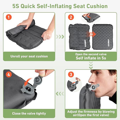 Inflatable Seat Cushion, Self Inflating Memory Foam Stadium Seat Cushion Lightweight Camping Chair Pad Airplane Cushion for Long Flights Outdoor Travel Bleacher Office Car Backpacking (Grey)