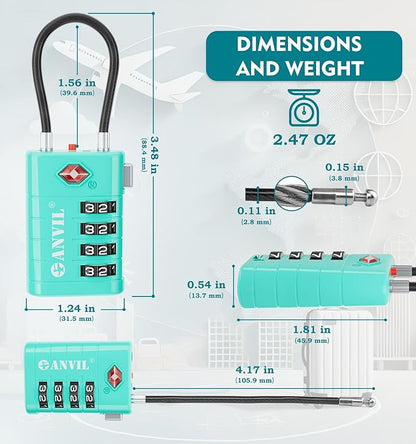 ANVIL 4 Digit Luggage Locks, TSA Locks for Luggage, Advanced TSA008 core, Alert Indicator for Your Travel Lock, Suitcase Lock.(3, Cyan)
