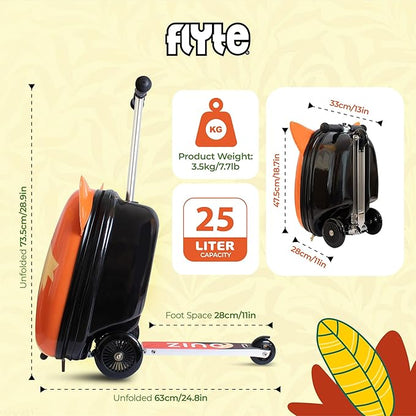 Flyte Frazer the Fox Scooter Suitcase - Rideable, Carry on Compliant 2-in-1 Children's Suitcases, 18 inch Ride on Suitcase for Kids, 25 Litre Capacity Kids' Luggage on Wheels for Children Aged 4+