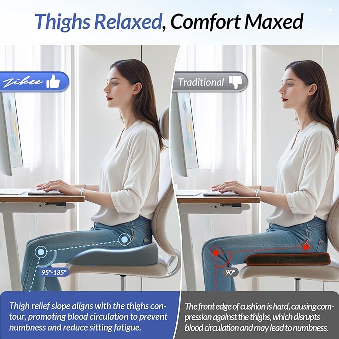 ZIKEE Ergonomic Seat Cushion with Thigh Relief Slope, Office Chair Cushion with Premium Memory Foam for Car, Home, U-Shaped Design Alleviates Hip, Tailbone Pain, Anti-Slip Sciatica Pain Relief (Gray)