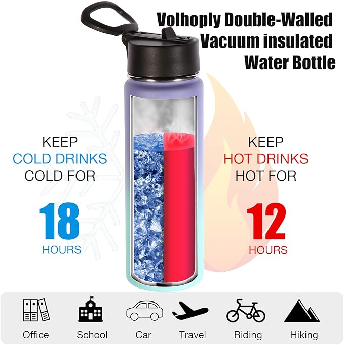 Volhoply 24oz Insulated Water Bottle With Straw Bulk 3 Pack,Metal Wide Mouth Water Bottles With Handle Keep Cold,Reusable Double Wall Cups,Powder Coated Sport Bottle For Holder(Purple Blue,3 Count)