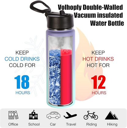 Volhoply 24oz Insulated Water Bottle With Straw Bulk 3 Pack,Metal Wide Mouth Water Bottles With Handle Keep Cold,Reusable Double Wall Cups,Powder Coated Sport Bottle For Holder(Purple Blue,3 Count)
