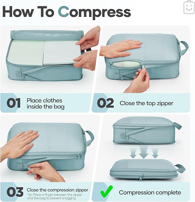 Veken 9/11 Set Compression Packing Cubes for Travel Essentials,Compressible Expandable Large Luggage Suitcase Organizer Bags for Clothing,Durable Space Saver Storage Bags with Toiletry Bags(Blue Gray)