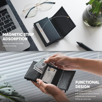 VULKIT Pop up Wallet Minimalist Cash Wallets RFID Blocking Leather Smart Credit Card Holder with Magnetic Closure for Men