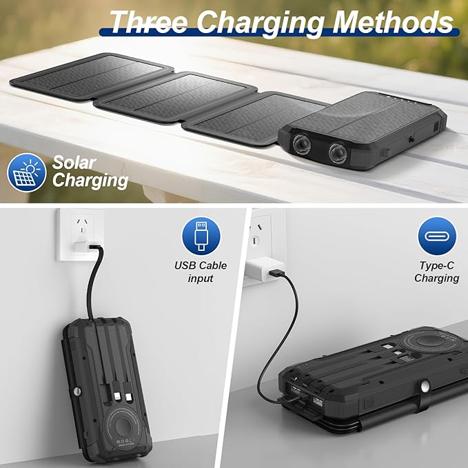 Portable Charger 20000mAh Solar Power Bank Built-in 3 Cables and Wireless Charging Battery Pack Compatible for iPhone, Samsung, IPX5 Waterproof, Bright Flashlight Perfect for Camping, Hiking, Outdoor