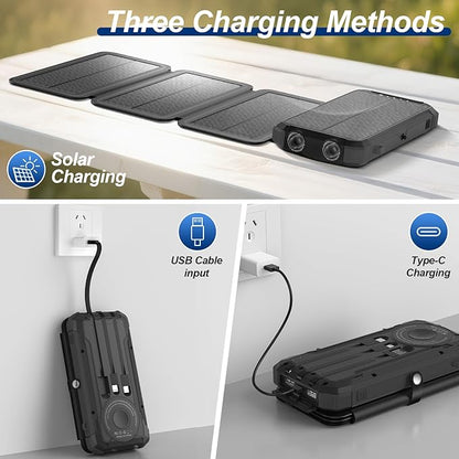 Portable Charger 20000mAh Solar Power Bank Built-in 3 Cables and Wireless Charging Battery Pack Compatible for iPhone, Samsung, IPX5 Waterproof, Bright Flashlight Perfect for Camping, Hiking, Outdoor