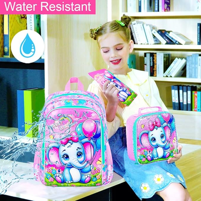 WZLVO 3PCS Backpack for Girls, 16'' Kids Elephant Bookbag with Lunch Box, Cute Animal Water Resistant School Bag Set for Elementary Kindergarten Preschool