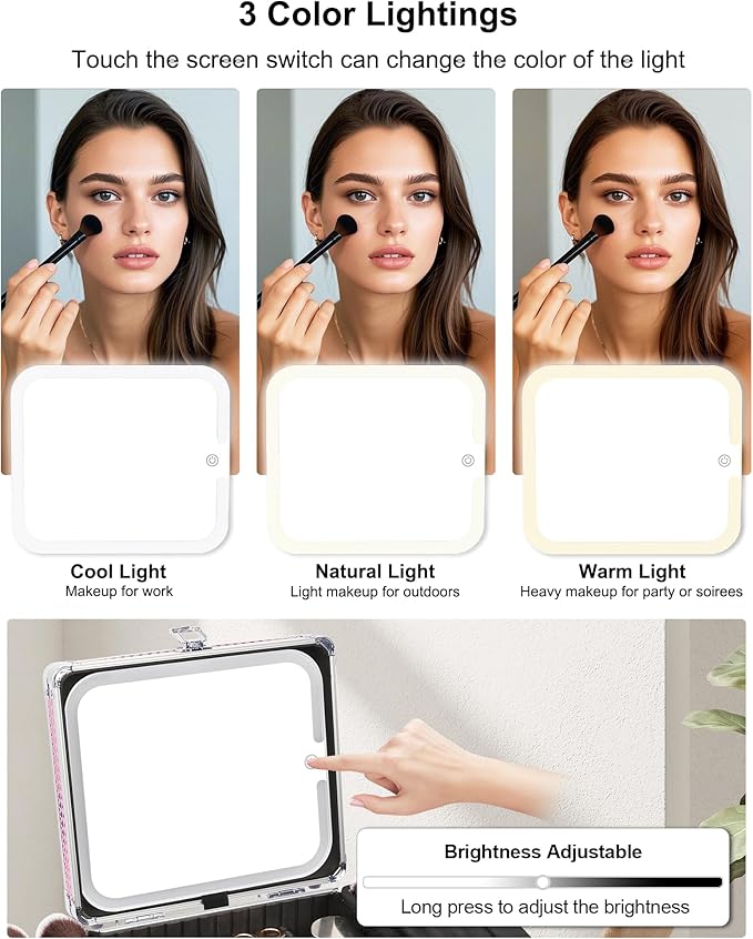 Relavel Makeup Bag with LED Mirror, Makeup Box Travel Train Case with Rechargeable Lighted Mirror, Cosmetic Brush Organizer Storage for Makeup Artists Gifts for Women and Girls, Pink