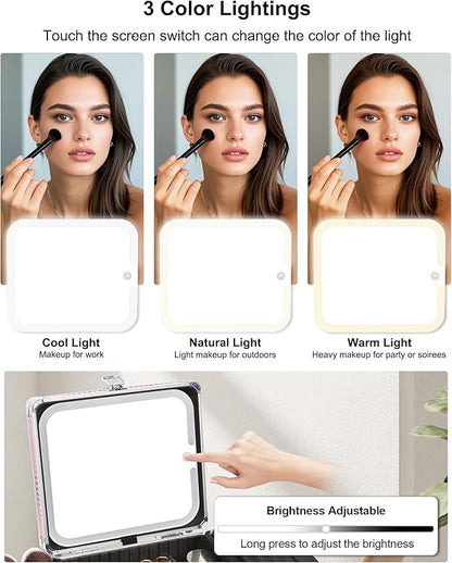 Relavel Makeup Bag with LED Mirror, Makeup Box Travel Train Case with Rechargeable Lighted Mirror, Cosmetic Brush Organizer Storage for Makeup Artists Gifts for Women and Girls, Pink