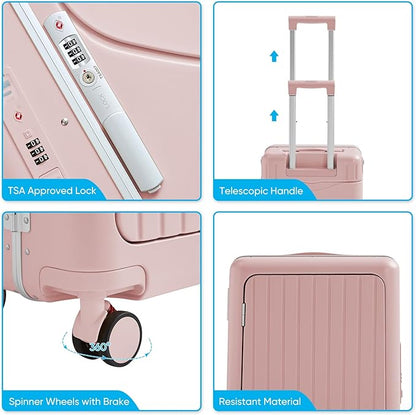 20 Inch Ride on Luggage With Seat For Kids&Adults,with Front Pocket, Foldable Seat Back TSA Approved Lock, 360° Spinner Wheels(20 inch,Pink)