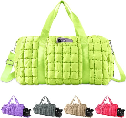 Quilted Travel Duffle Bag Gym Bag for Women,Large Puffer Duffle Weekender Bag with Compartment,Workout Overnight Carry on Organizer Bag Duffle Bag for Airplane Travel(Green)