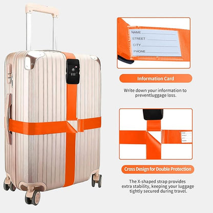 Luggage Straps, Orange TSA Approved Cross Luggage Strap Belt with Combination Lock for Suitcases, 1 Pack Adjustable Heavy Duty Cross Style Suitcase Straps with Name Tags for Travel, Carry On Bags