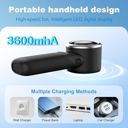 Portable Handheld Turbo Fan, USB Rechargeable Personal Mini Fan, LED Display, 5 Speed, 10H Cooling Time, Foldable Design, Powerful Turbo Small Pocket Fans for Travel, Outdoor, Office, Black