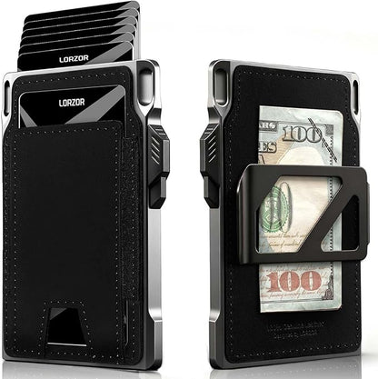 LORZOR Slim Wallet for Men- Minimalist Tactical Full Grain Leather Wallet for 12 Cards, RFID Blocking Aluminum Cardholder, Smart Pop Up Card Case, Front Pocket, Money Clip, Gift for Men(VintageBlack)