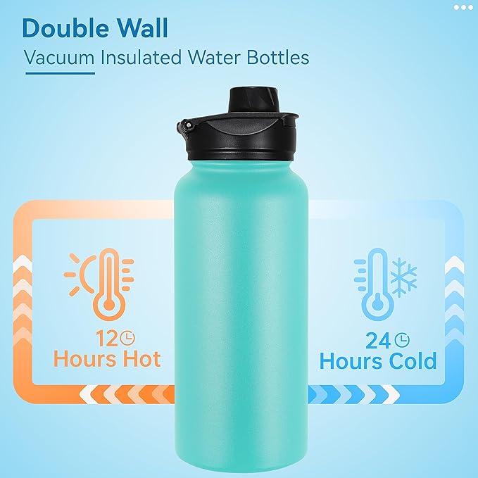 VEGOND 32 oz Insulated Water Bottle Bulk Stainless Steel Metal Water Bottles with Leak Proof Straw Lid & Spout Lid, Wide Mouth Double Walled Vacuum Travel Sports Bottle, 8 Pack