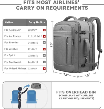 Carry On Backpack, 50L Extra Travel Laptop Backpack for Men Women, Big Bag Business Travel Essentials Gifts for men, 17 Inch Laptop Backpack Computer Bag Gifts for Him Men, Grey