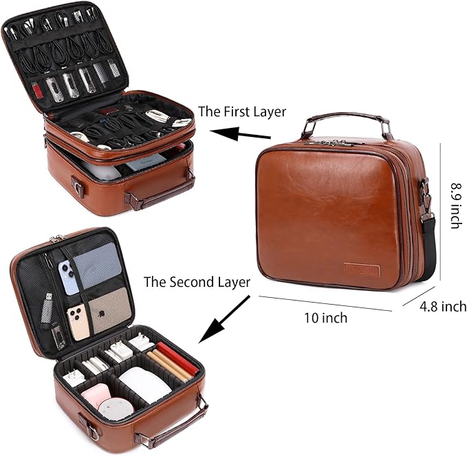 KYALOU Electronics Travel Organizer, Large Electronic Accessories Cable Case with Adjustable Dividers, Waterproof Tech Storage Bag Gifts with Double Layers for Cord, Charger, Power Bank - Brown
