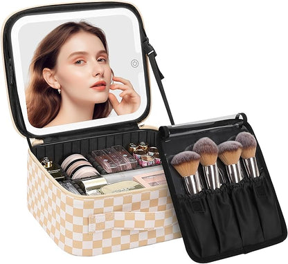 Chomeiu Makeup Bag with LED Mirror, Travel Makeup Case for Women and Makeup Artists Cosmetic Organizer Large Make Up Bags with Light Up Mirror, 3 Color Lights, Adjustable Dividers, Light Checkerboard