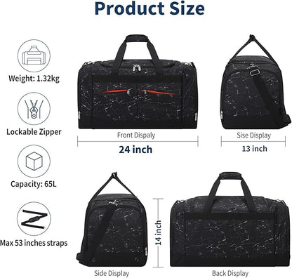 24 inch Large Gym Bag for Men - 65L Hard Bottom Duffle Bag with Shoes Compartment for Sport/Travel - Marble Black