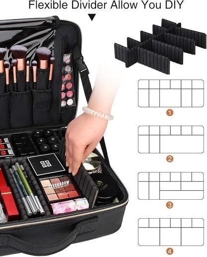 Relavel Makeup Case Large Makeup Bag Professional Train Case 16.5 inches Travel Cosmetic Organizer Brush Holder Waterproof Makeup Artist Storage Box, Large Capacity (Leather Black)