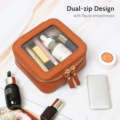 Aveniee Mini Clear Makeup Bag, Small Cosmetic Bags Travel Toiletry Pouch Organizer, TSA Approved Make up Case with Zipper, Car Bag for Essentials,Brown