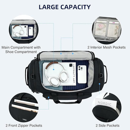 Large Travel Duffle Gym Bag with Shoe Compartment, Underseat Carry On Luggage Overnight Weekender Personal Item Workout Bags for Women Men (Black)