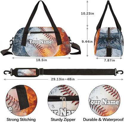 Custom Your Name American Flag Fire Baseball Personalized Text Gym Duffle Bag for Kids,Sports Bag for Teens Boys & Girls Small Waterproof Overnight Weekender Carry School Practice Travel Bag