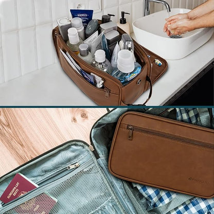 PAVILIA Toiletry Bag for Men, Travel Essentials Shaving Dopp Kit, Mens Travel Bag Toiletries Organizer Case for Grooming, PU Leather Water Resistant Cosmetic Bag Pouch (XL, Brown)