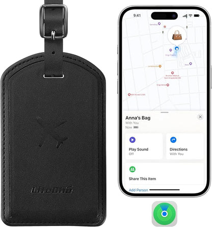 Luggage Tags Built-in Anti-Loss Tracker, Luxury Leather Luggage Tags for Suitcase, Travel Bags, Backpacks, Travel Organizer for Lost Baggage Prevention (Black)