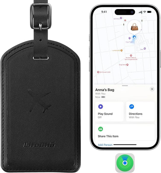 Luggage Tags Built-in Anti-Loss Tracker, Luxury Leather Luggage Tags for Suitcase, Travel Bags, Backpacks, Travel Organizer for Lost Baggage Prevention (Black)