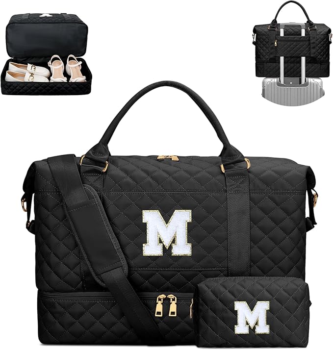 Gifts for Teens Girls Women Initial Travel Duffle Bag Quilted Weekender Carry-On Overnight with Cosmetic Bag, Gym Bag with Shoe Compartment, Black M