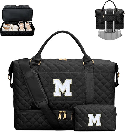 Gifts for Teens Girls Women Initial Travel Duffle Bag Quilted Weekender Carry-On Overnight with Cosmetic Bag, Gym Bag with Shoe Compartment, Black M