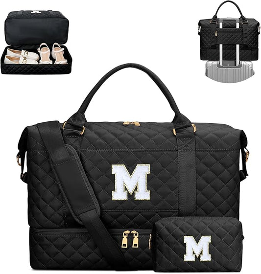 Gifts for Teens Girls Women Initial Travel Duffle Bag Quilted Weekender Carry-On Overnight with Cosmetic Bag, Gym Bag with Shoe Compartment, Black M
