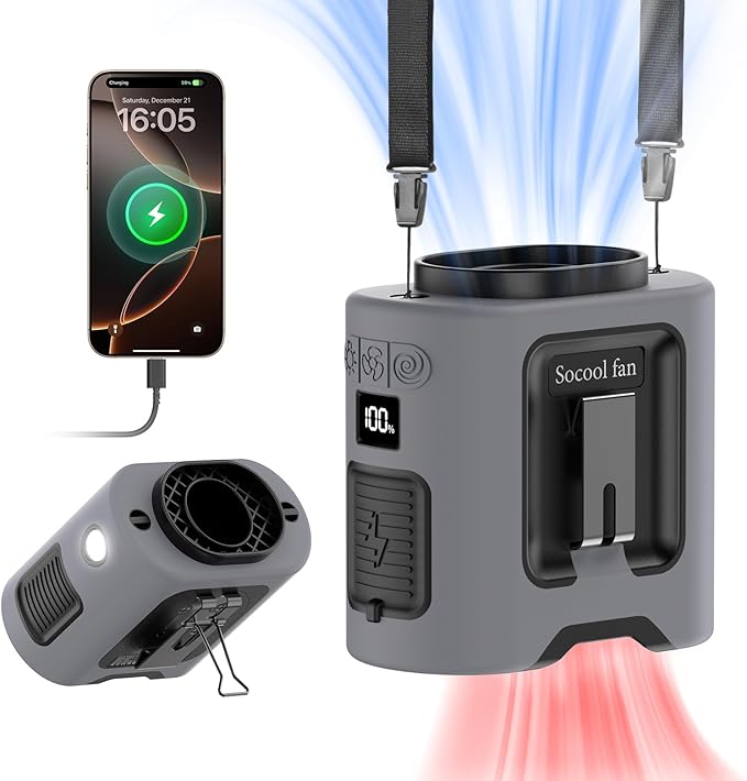Socool 14500mAh Portable Waist Fan Clip on Belt 360 Rotation Wearable Rechargeable Personal Shirt Fan, 67H Cooling 5-Speed Battery Operated Fans with Light, Neck Fan Hanging for Outdoor Camping Travel