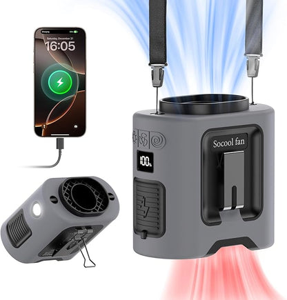Socool 14500mAh Portable Waist Fan Clip on Belt 360 Rotation Wearable Rechargeable Personal Shirt Fan, 67H Cooling 5-Speed Battery Operated Fans with Light, Neck Fan Hanging for Outdoor Camping Travel