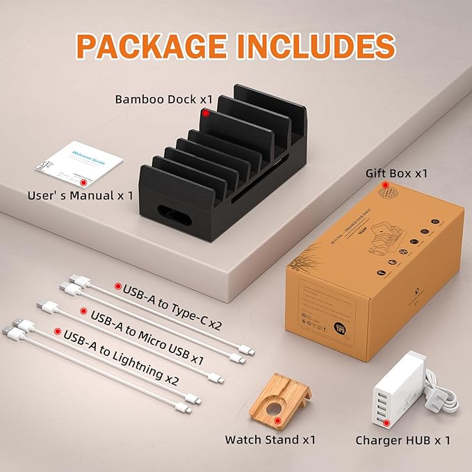 Pezin & Hulin Bamboo Charging Station with Watch Stand, Docking Holder for Multi Device with 5 Port USB Charger HUB, 5 Charge Cables, Desktop Electronic Organizer for Cellphone, Tablet, Watch-Black