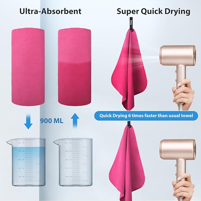 BOGI Microfiber Travel Sports Towel-Quick Dry Towel, Soft Lightweight Microfiber Camping Towel Absorbent Compact Travel Towel for Camping Gym Yoga Swimming Backpacking (L:60''x30''+16''x16''-Hpink)