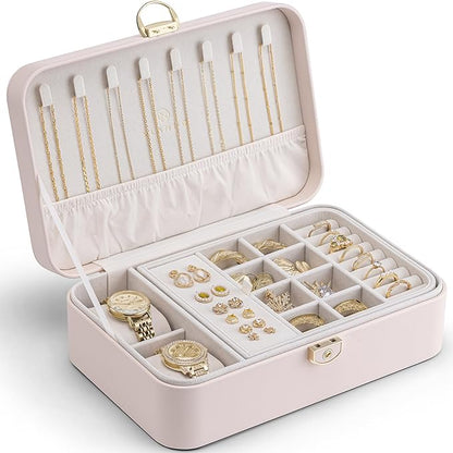 Vlando 2 Layer Jewelry Box,Jewelry Organizer Storage Lockable Earring Organizer Removable Jewelry Tray with Watch Pillow for Neckable Ring Bracelets-Apricot Pink