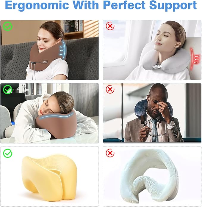 jiaao Neck Pillow Airplane, Ergonomic Memory Foam Travel Pillows for Long Flights, 3D Eye Masks, Ear Plugs and Portable Drawstring Bag, Napping Pillow for Home, Sleep Rest, Family and Travel Use