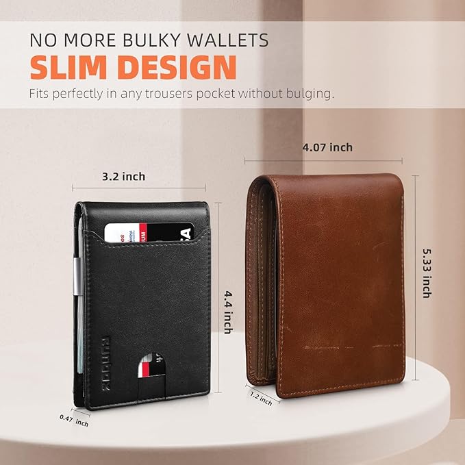 RUNBOX Slim Wallets for Men - Leather Money Clip Mens Wallet - RFID Blocking Front Pocket Bifold Wallet - Minimalist Credit Card Holder with Gift Box