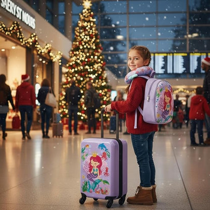 Sanwuta 4 Pcs Kids Luggage Set Backpack Travel Rolling Suitcase U-shape Pillow Christmas Children Gift for Girls Boys(20 Inch,Mermaid Style,Purple)